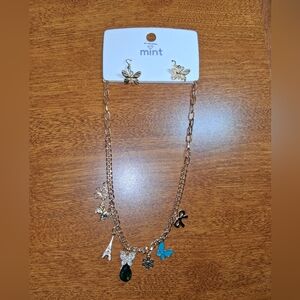 Mint Green Butterfly Charm Necklace And Earrings